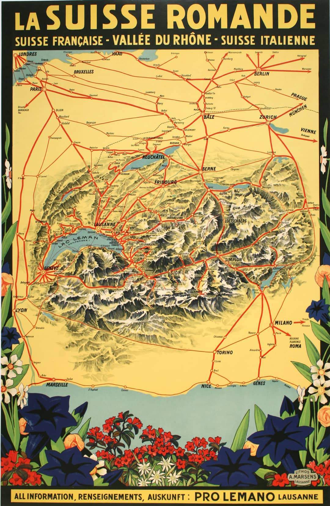 Romandy Region La Suisse Romande 1933 Original Swiss Map Poster
