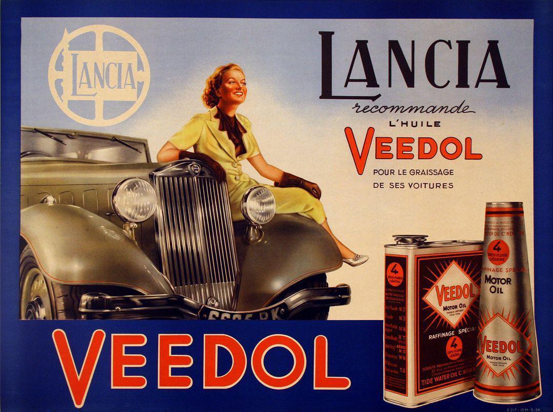 Original Vintage French Auto Poster 1936 for Lancia Veedol Motor Oil