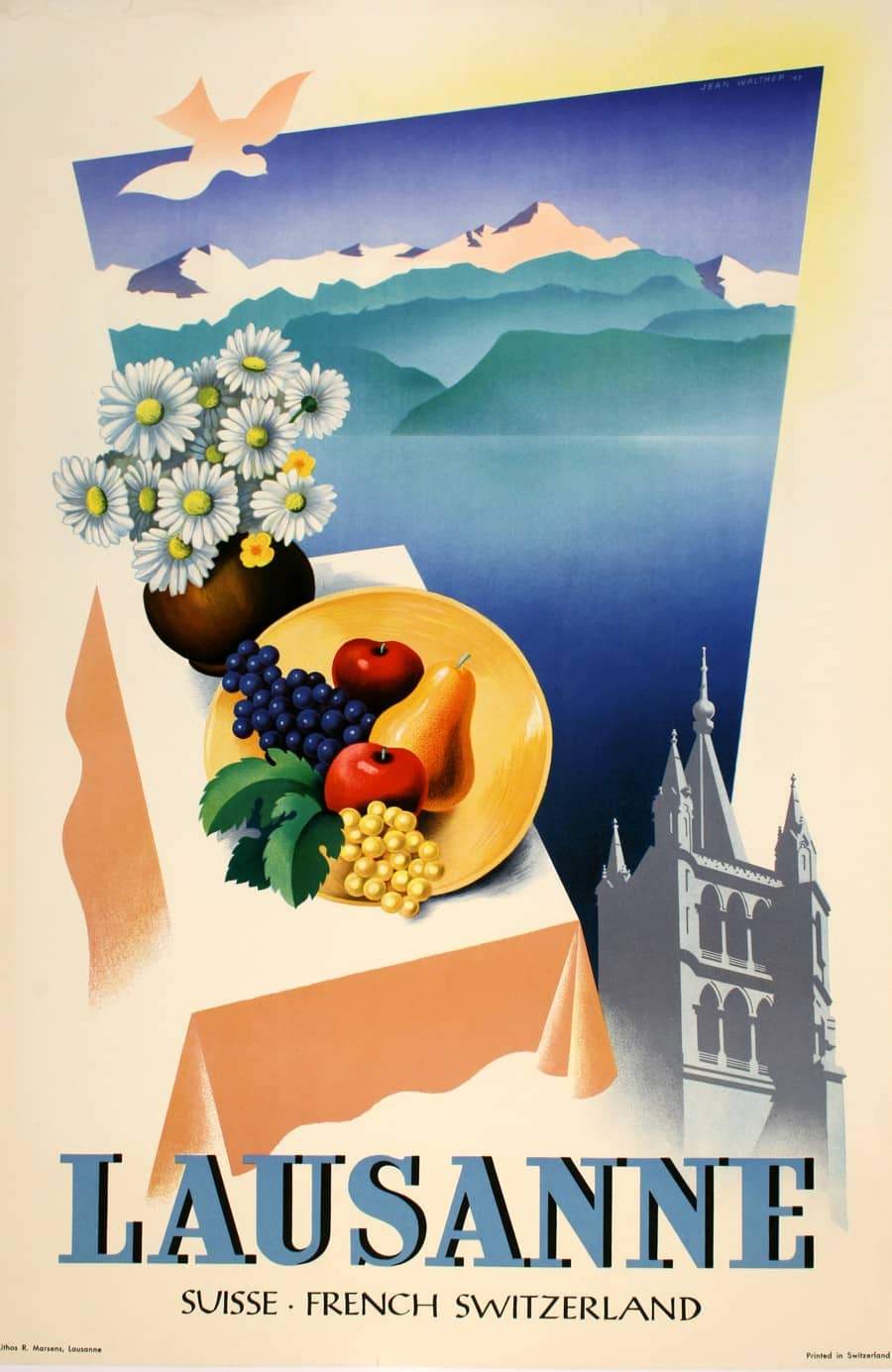 Original Vintage Swiss Travel Poster Lausanne Cathedral by Walther 1947
