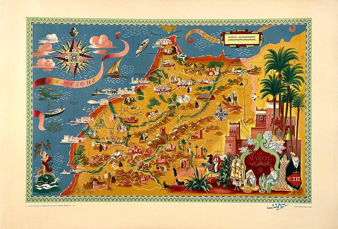 Original Vintage Morocco Le Maroc Map by Lucien Boucher c1950