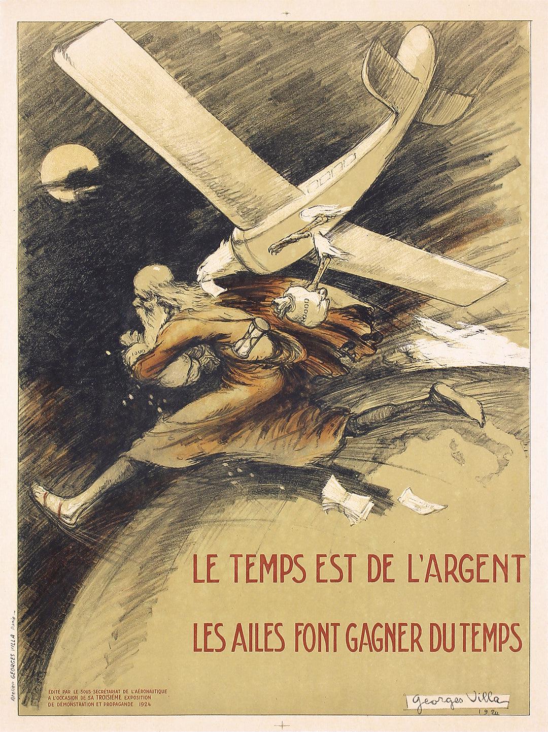 Original Vintage Early Aviation Poster Le Temps est de l'Argent by Georges Villa 1924