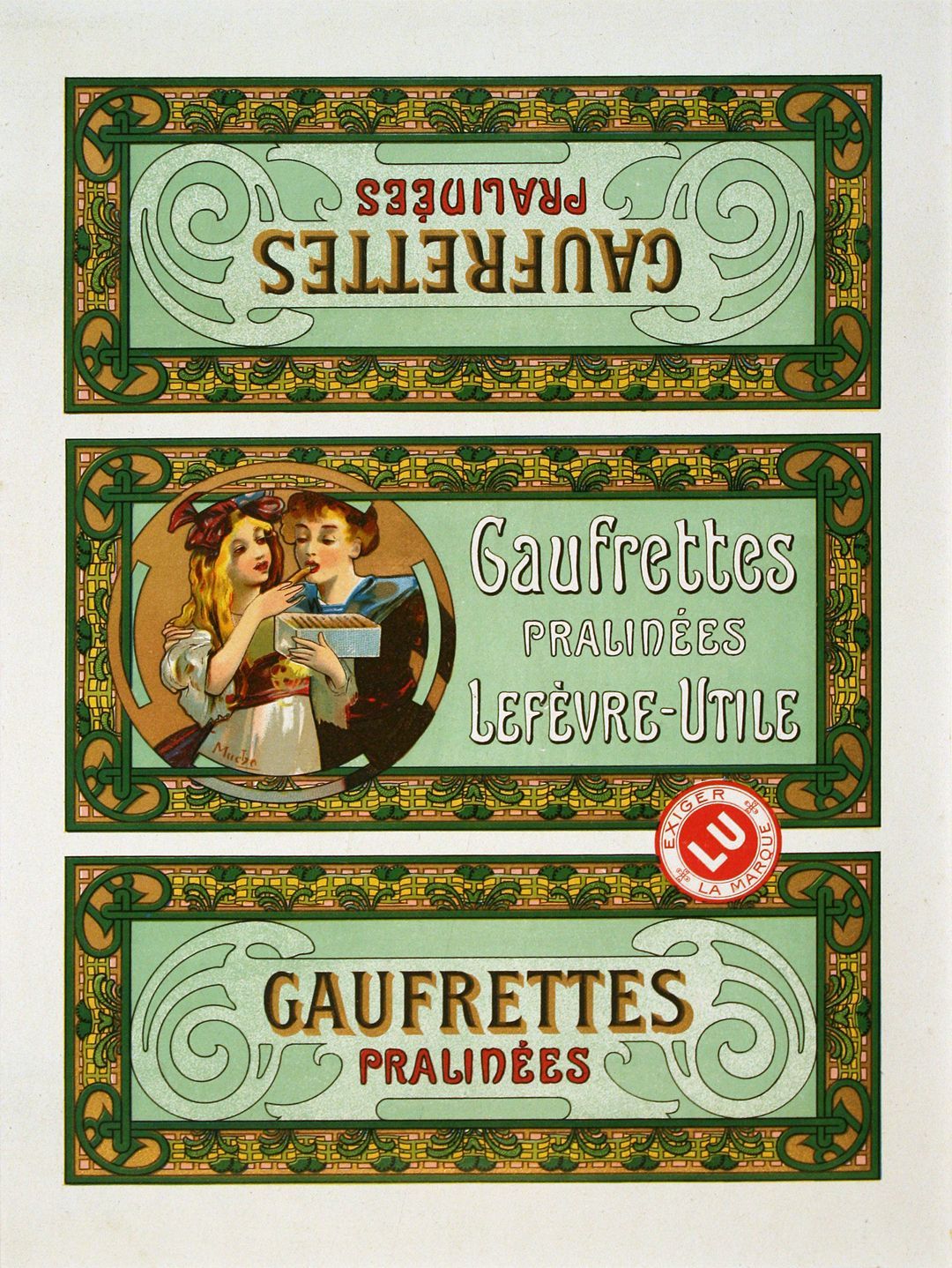 Original Vintage Alphons Mucha Biscuit Label for Gaufrettes by Lefevre Utile c1900