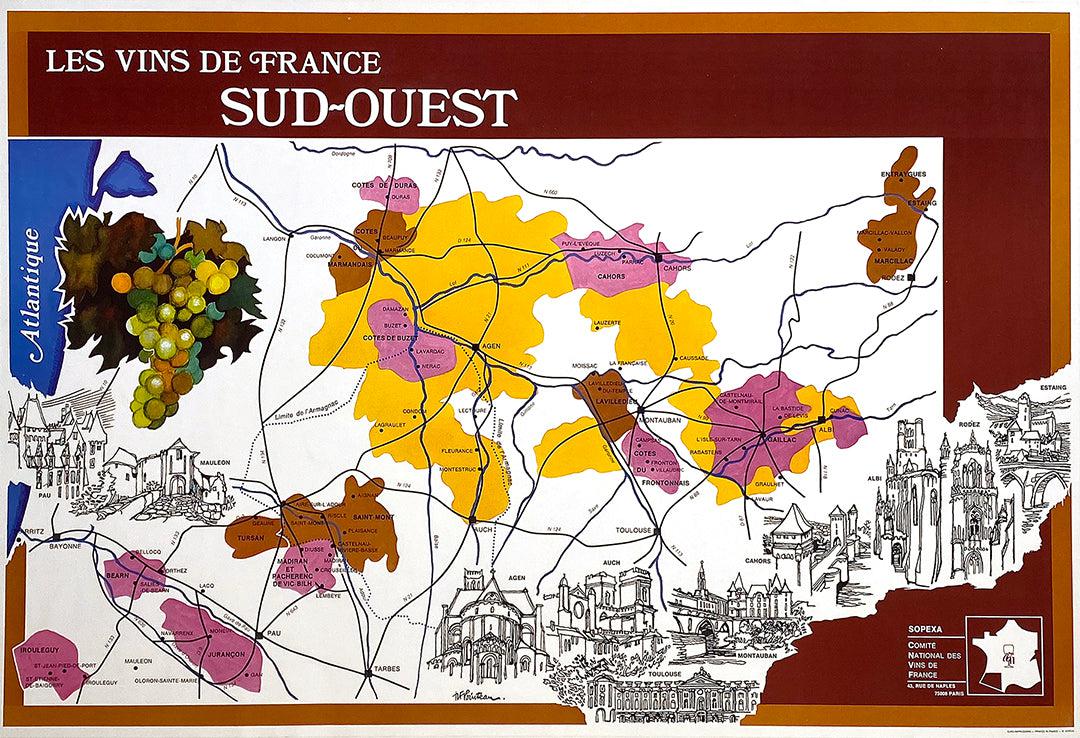 Original Vintage Map of French Wine Regions Les Vins de France Sud Ouest
