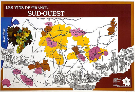 Original Vintage Map of French Wine Regions Les Vins de France Sud Ouest