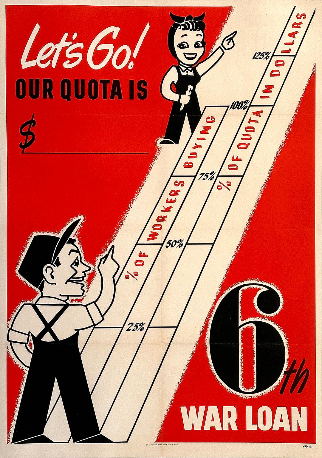 Original Vintage Let's Go! 6th War Loan WWII Poster 1944