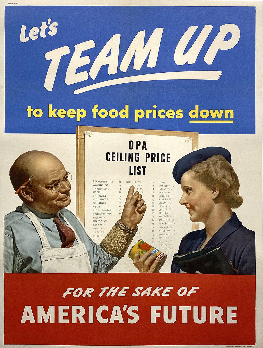 Let's Team Up To Keep Food Prices Down Original Vintage WWll Poster
