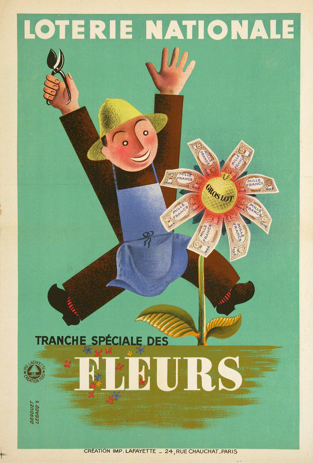 Original Vintage Loterie Nationale Poster Fleurs by Derouet Lesacq 1939