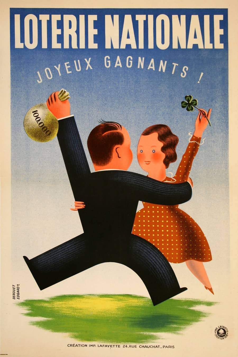 Derouet Lesacg Original French Loterie Poster 1938 - Joyeux Gagnants Couple Dancing