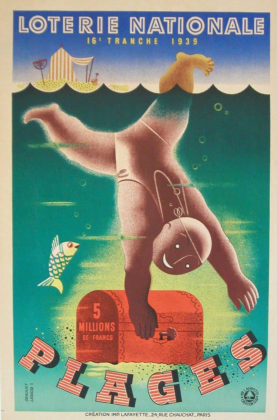 Original Vintage Loterie Nationale Plages Poster by Derouet Lesacq 1939 French Lottery