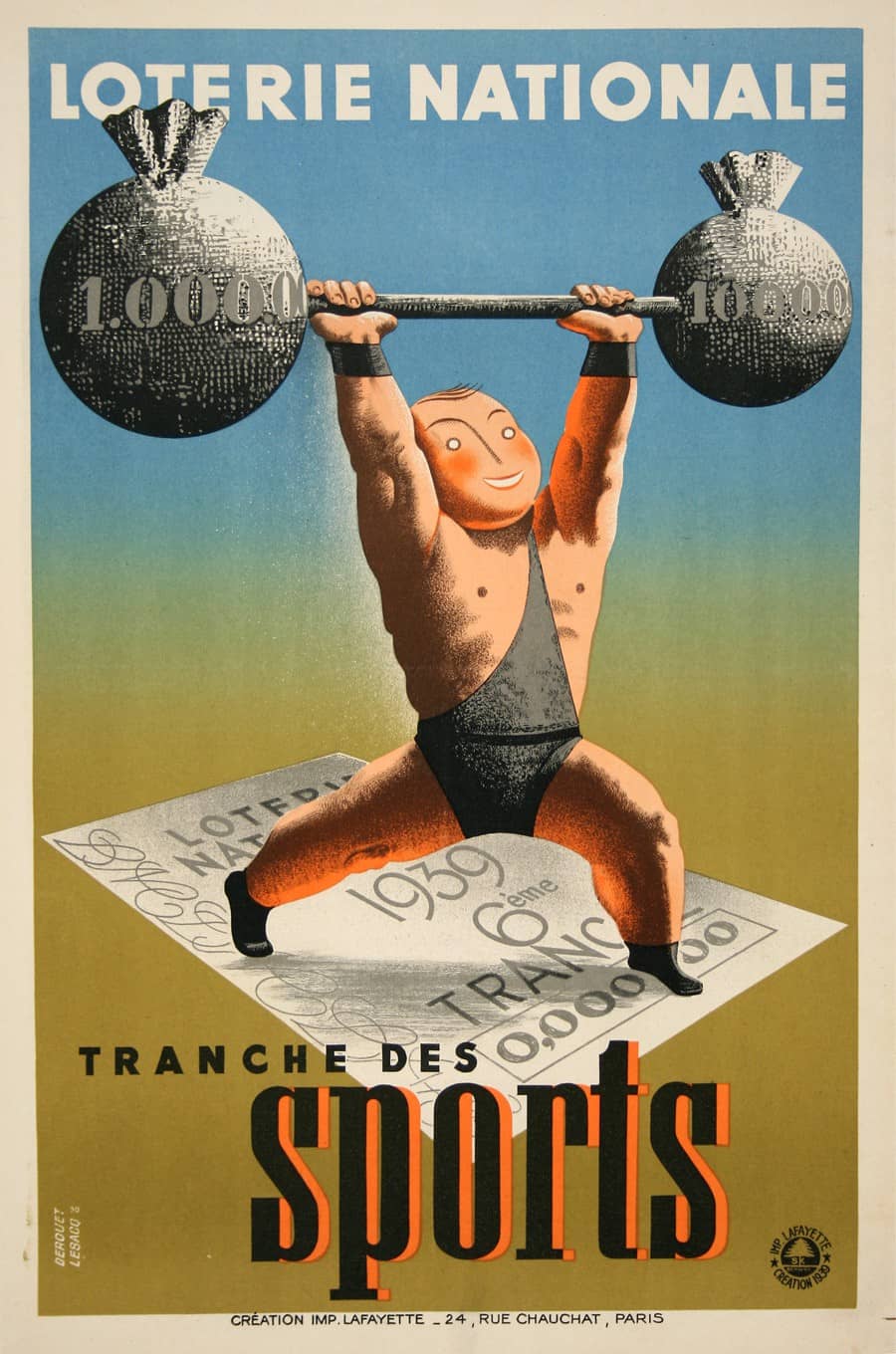 Original Vintage Loterie Nationale Tranche des Sports Poster by Derouet Lesacq 1939 French Lottery Weightlifter