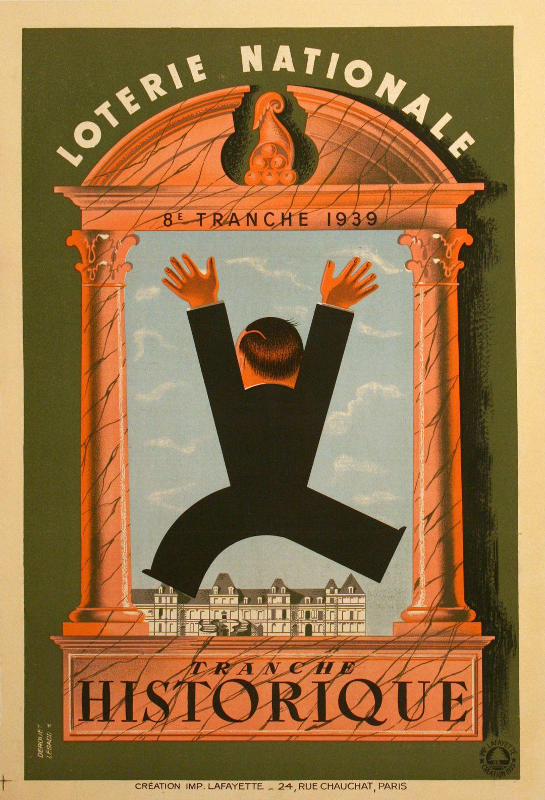 Derout Lesacq Original Vintage French Loterie Poster 1939 Tranche Historique Man Dancing