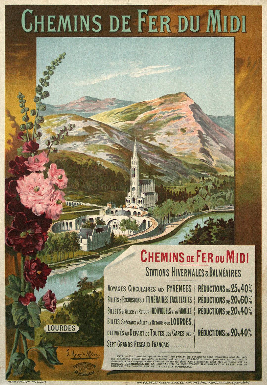 Original Vintage Lourdes France Railroad Travel Poster by d'Alesi c1910