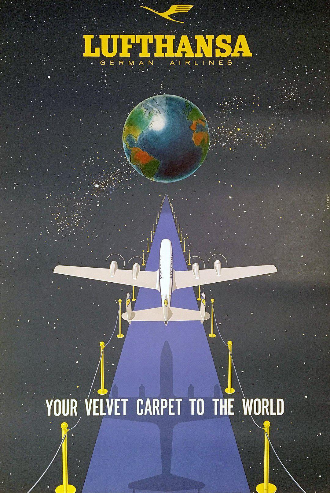 Original Vintage Lufthansa - Your Velvet Carpet to the World 1950's Travel Poster by Buttgen