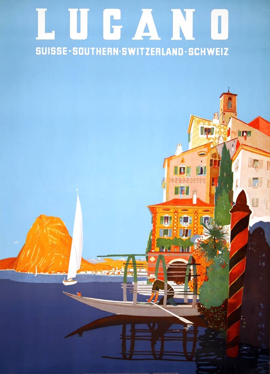 Lugano Switzerland Original Vintage Travel Poster by Daniele Buzzi 1952