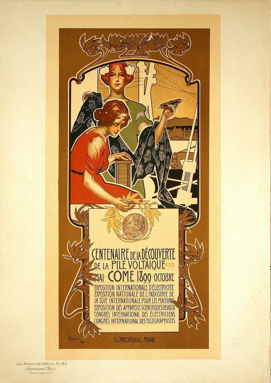 Original Maitres de L'Affiche - PL 160 by Adolfo Hohenstein 1899 - Centenaire de la Decouverte de la Pile Voltaique