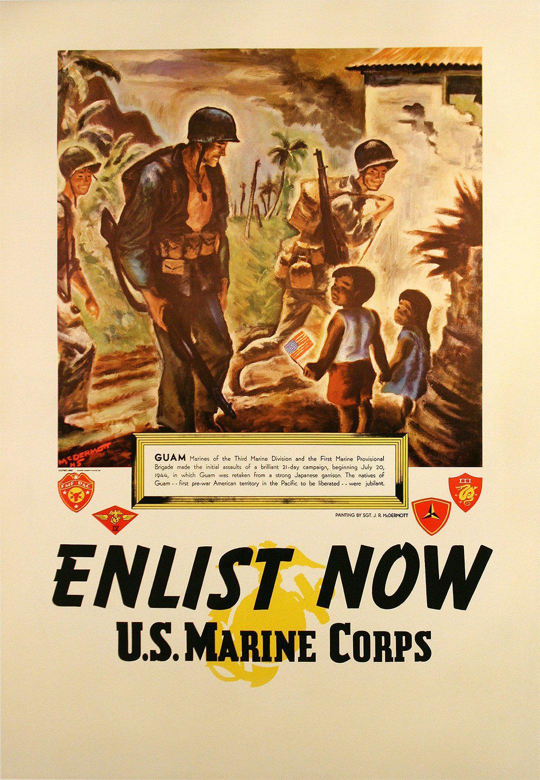 Original Vintage WWII Poster Marines - Enlist Now - Guam USMC 1945