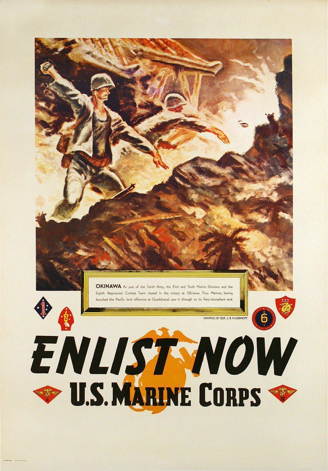Original Vintage WWII Poster Marines - Enlist Now - Okinawa USMC 1945