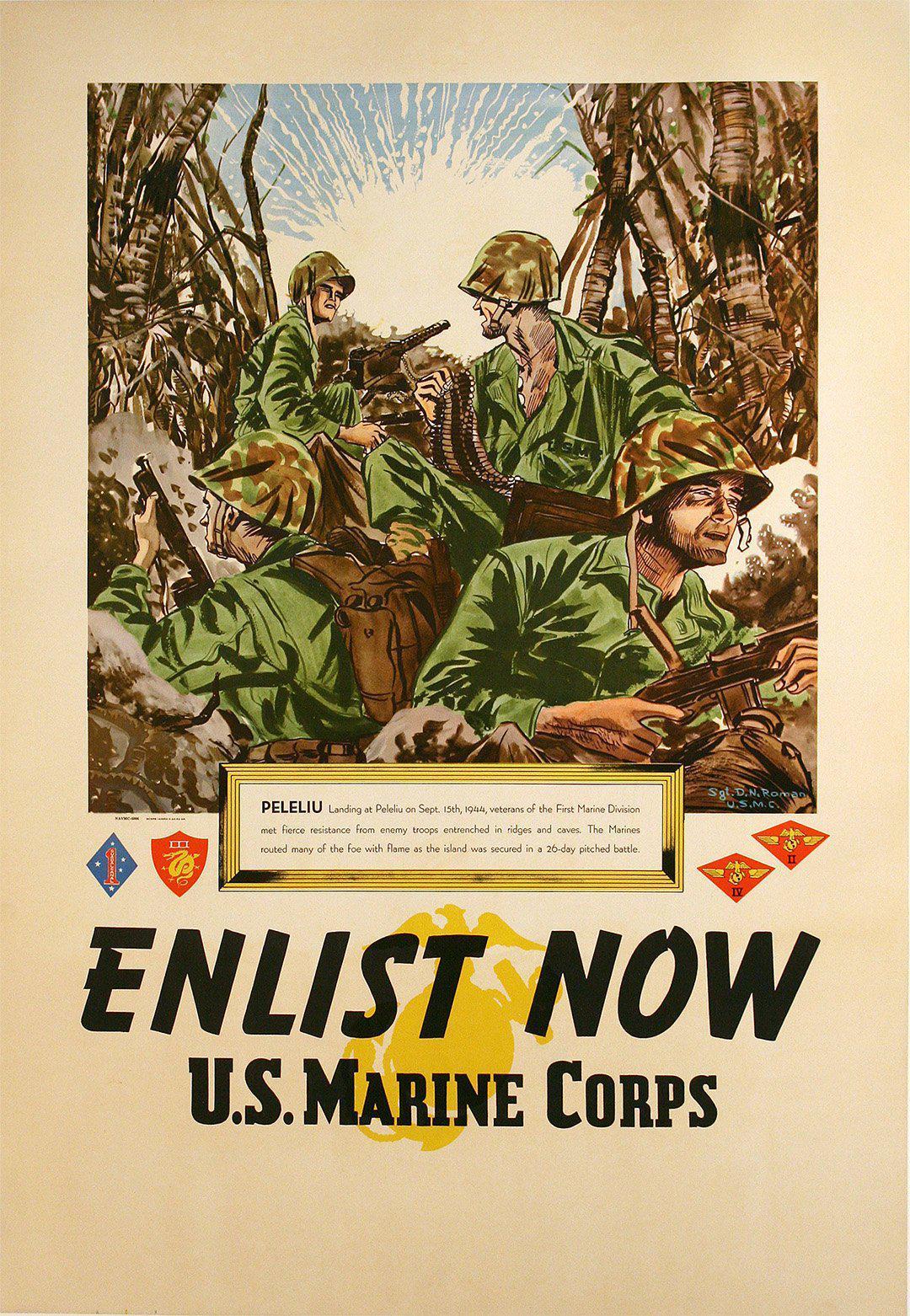 Original Vintage WWII Poster Marines - Enlist Now - Peleliu USMC 1945