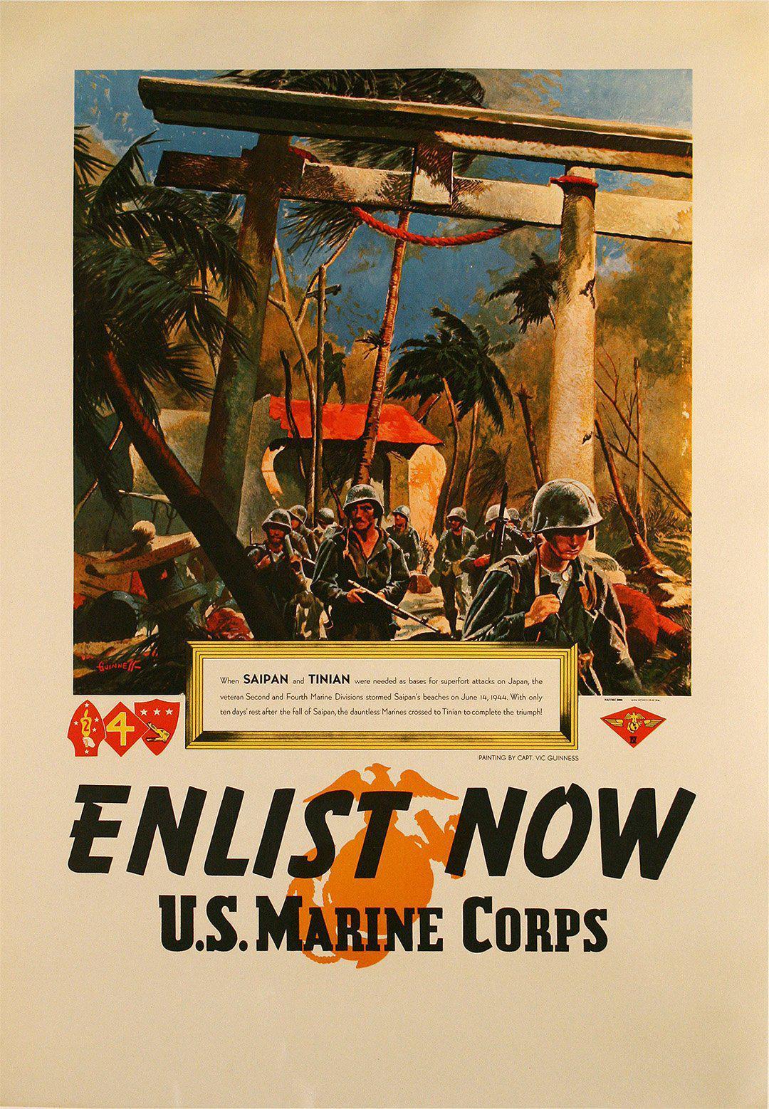 Original Vintage WWII Poster Marines - Enlist Now - Saipan and Tinian USMC 1945