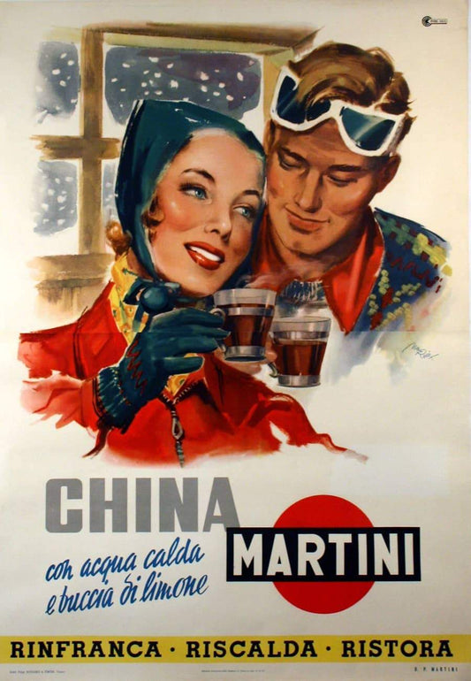 Martini and Rossi Original c1950 Poster - Couple after skiing