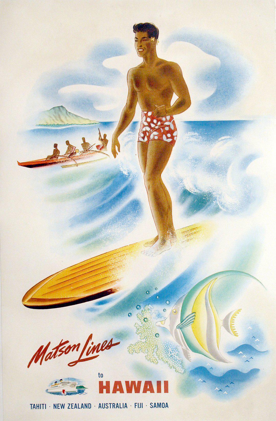 Original Vintage Hawaii Travel Poster Matson Lines Man Surfing c1955
