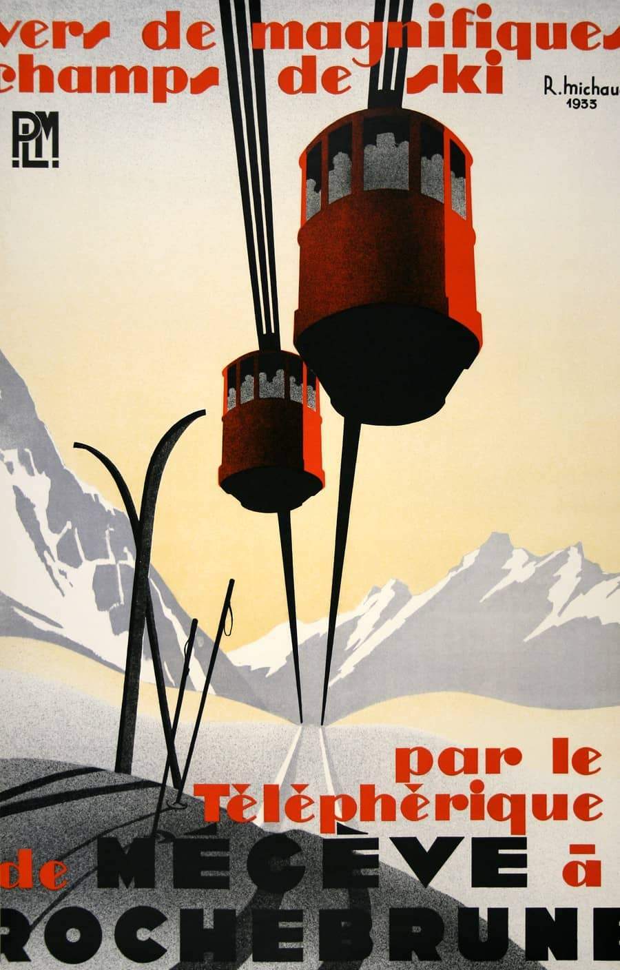 Megeve Rochebrune Original Vintage Ski Poster by Michaud 1933 Art Deco