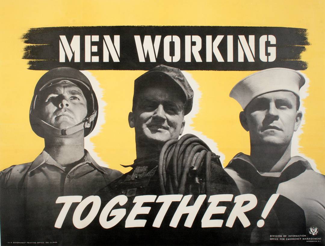 Original Vintage Men Working Together American WWII 1942 Poster