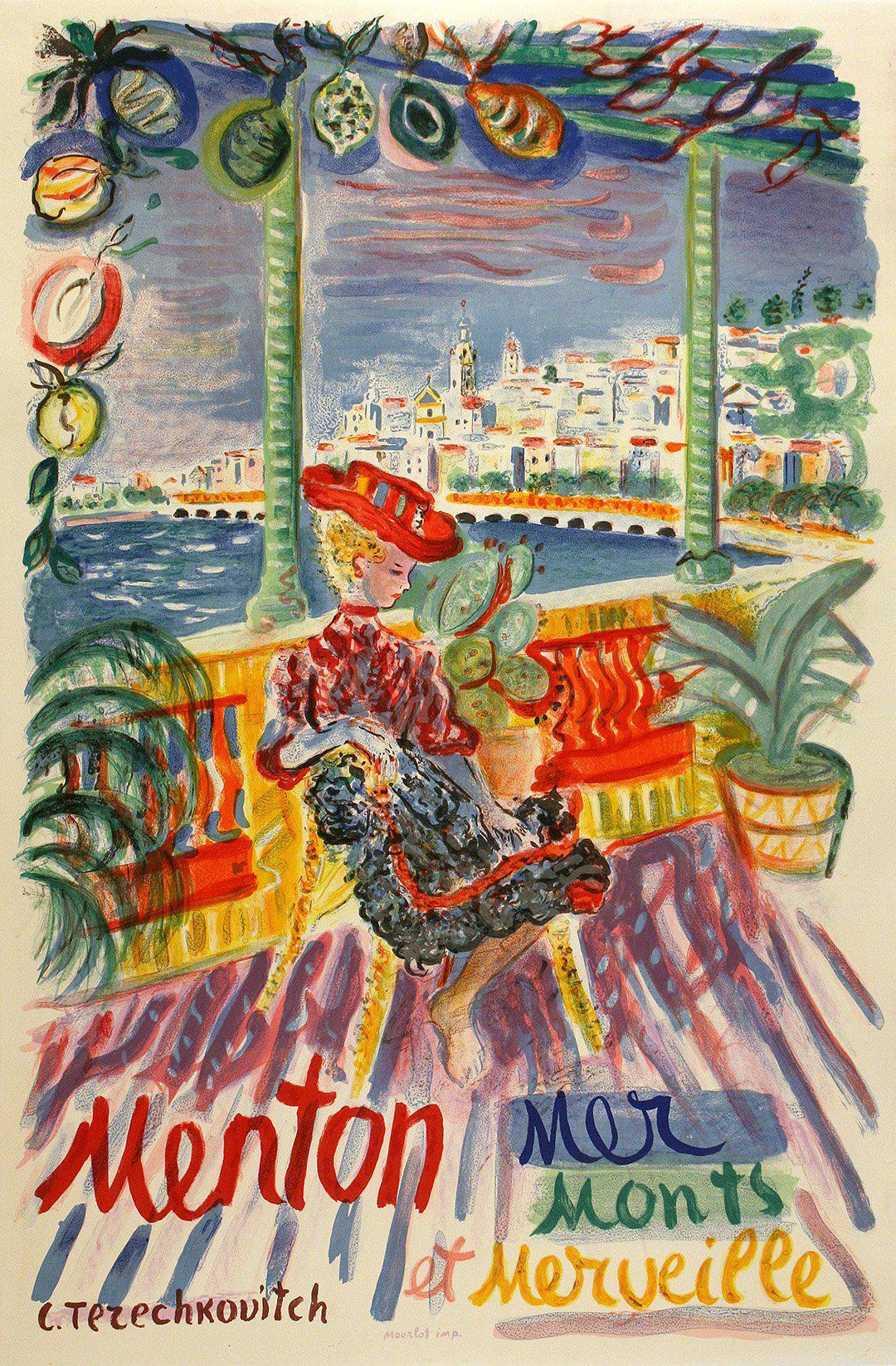 Original Vintage French Travel Poster Menton - Mer, Monts, et Merveille by Constantin Terechkovitch c1960 Cote d'Azur