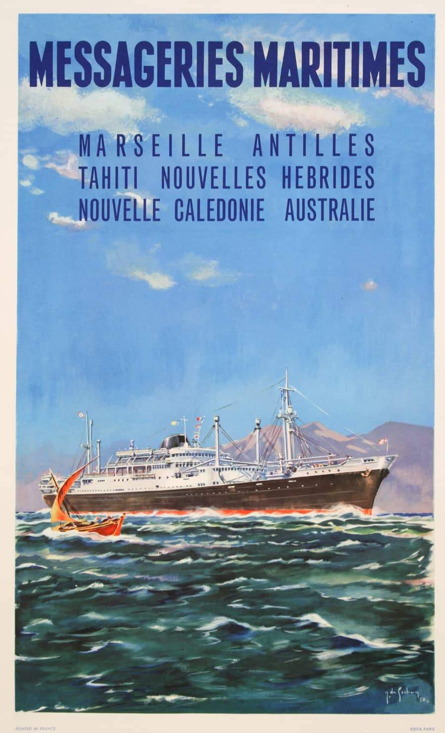 Messageries Maritimes Original Poster by Gachons - Marseille Antilles c1950