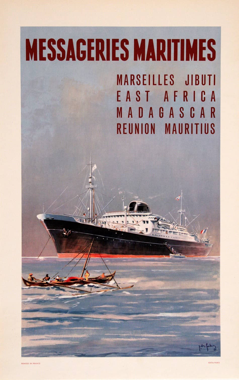 Original Vintage Messageries Maritimes Poster by Gachons - Marseilles Jibuti