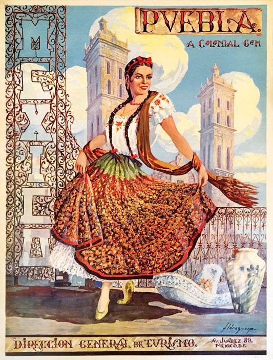 Original Vintage Mexico Travel Poster Puebla A Colonial Gem c1950 Juarez