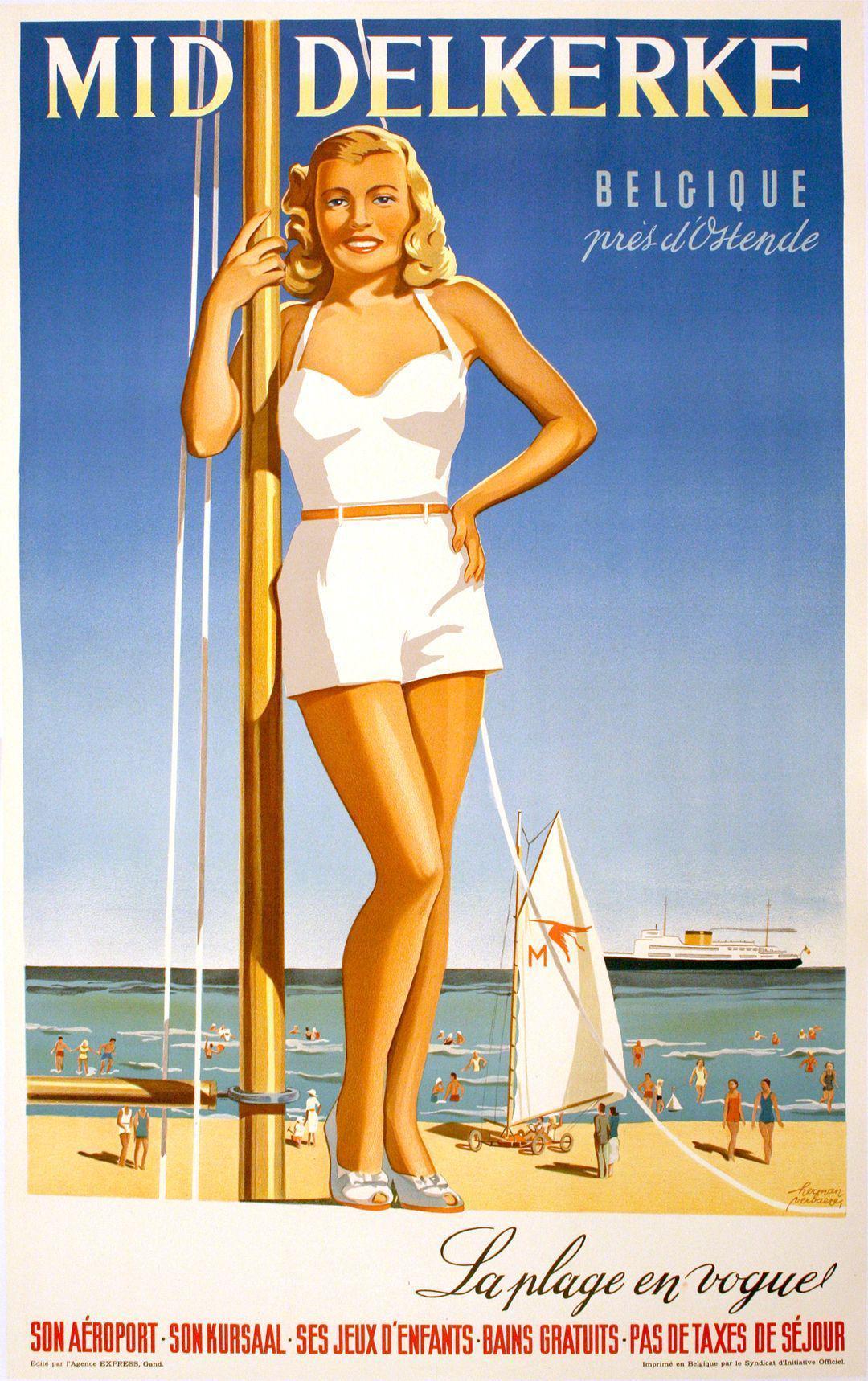Original Belgian Travel Poster Mid Delkerke Beach 1950 By Verbaere