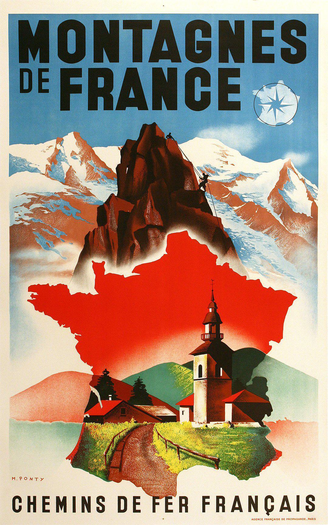 Original Vintage Montagnes de France Travel Poster by Ponty c1935