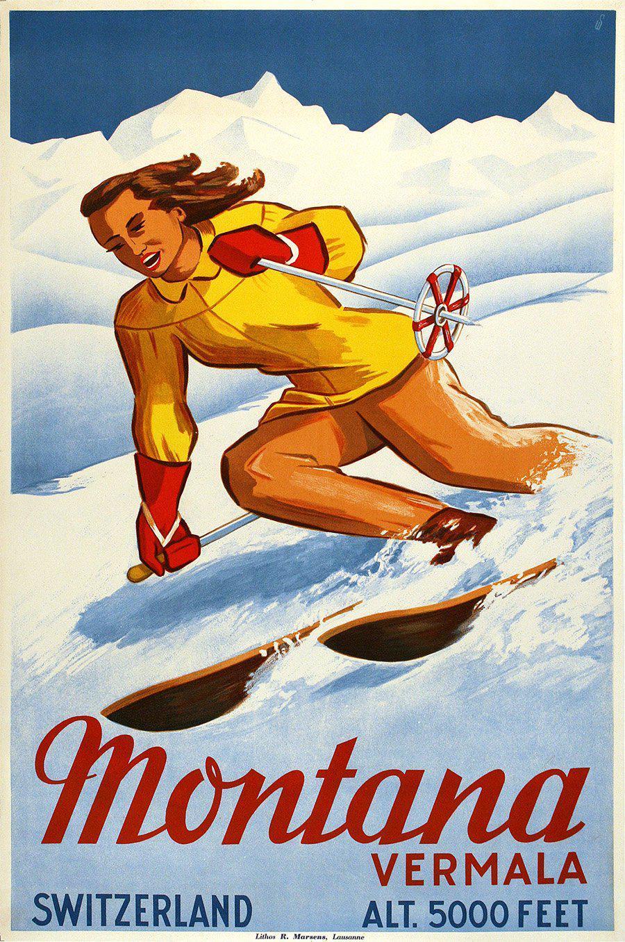Original Vintage Montana Switzerland Ski Poster by Wladmir Sagalowitz 1947 Vermala
