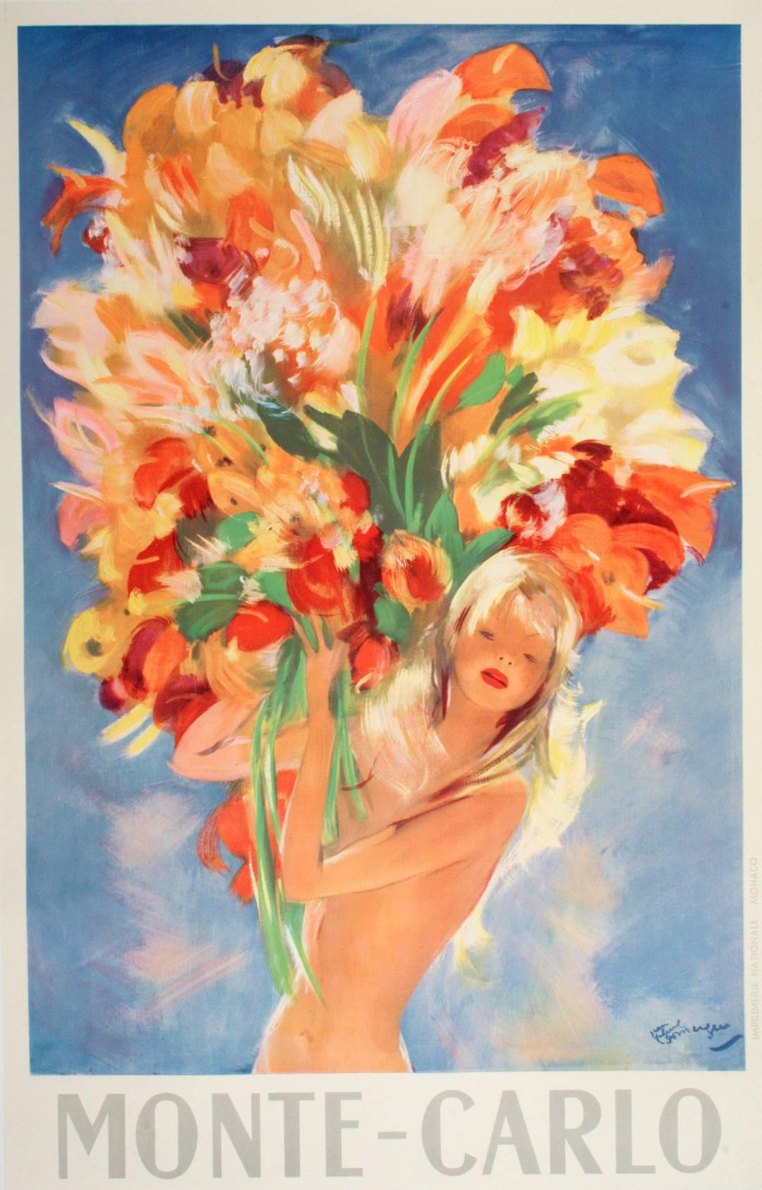 Original Monte Carlo Girl Holding Flowers Vintage Poster by Domergue c1950