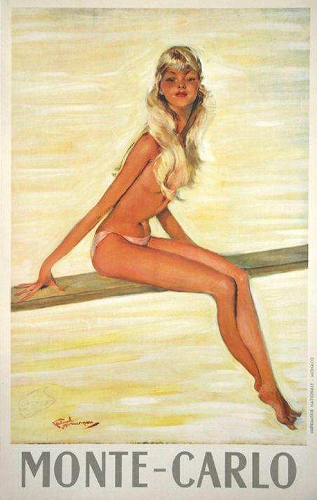 Original Vintage Monte Carlo Blonde Girl Poster by Domergue c1950 Diving Board