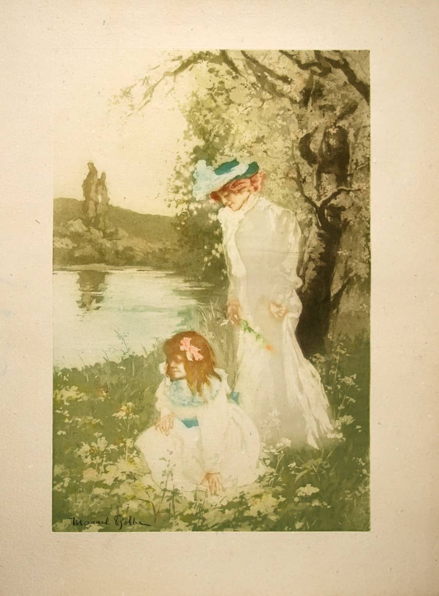 Original Vintage Print by Manuel Robbe c1900 - Mother and Child at Lake