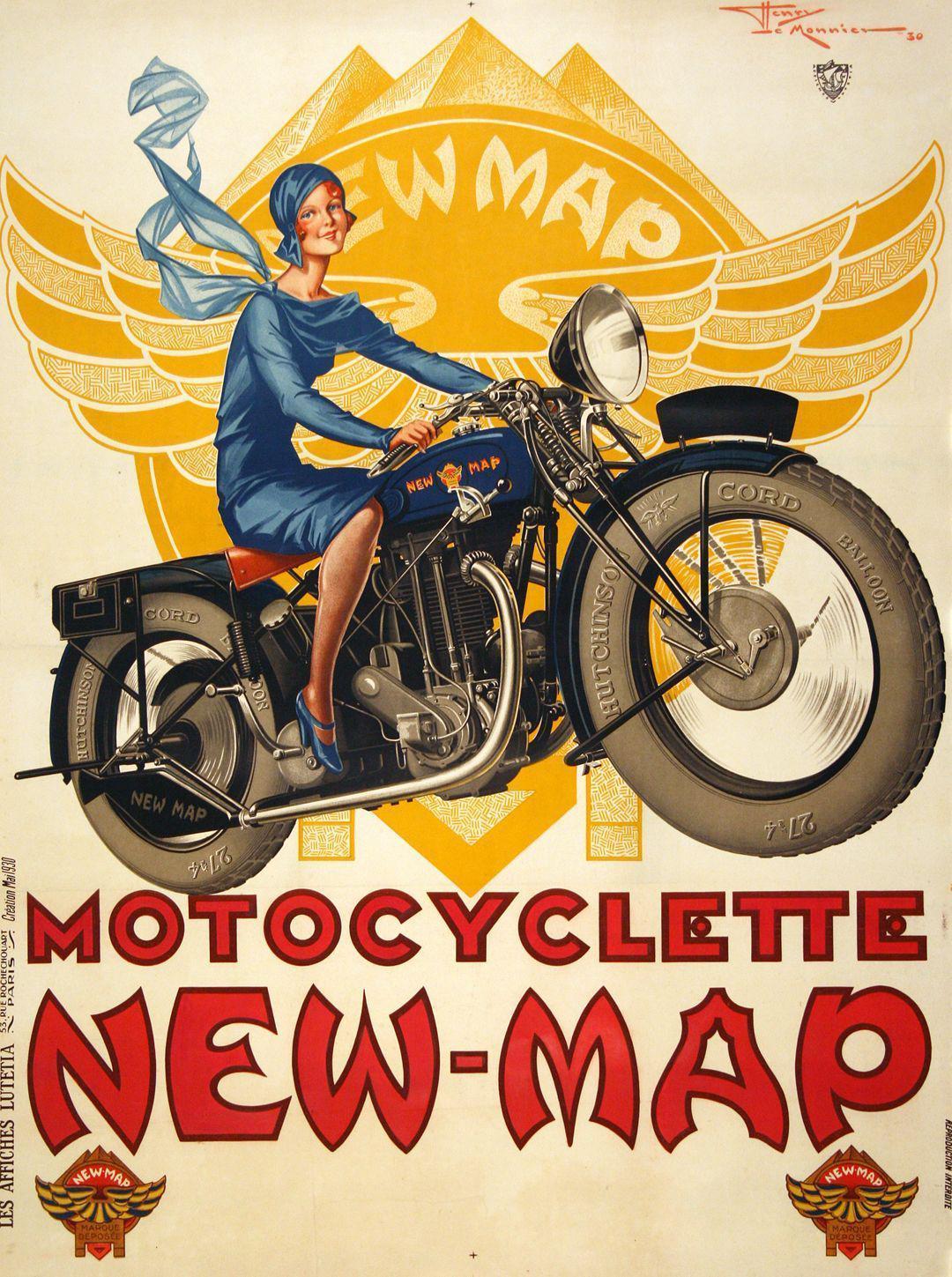 Original Vintage Motorcycle Poster Motocyclette New Map by Henri LeMonnier 1930