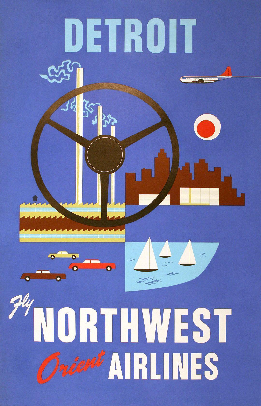 Original Fly Northwest Orient Airlines Detroit Poster c1955