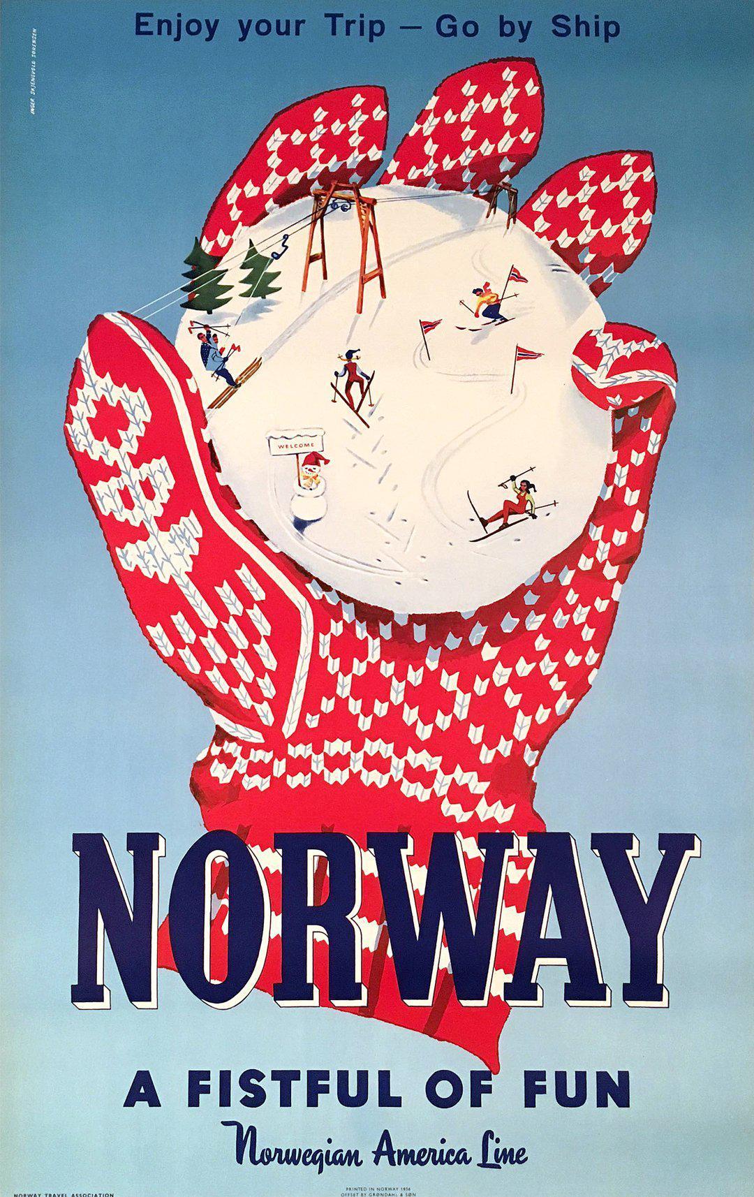 Original Vintage Norway Travel Poster A Fistful of Fun by Inger Skjensvold - Skiing 1956
