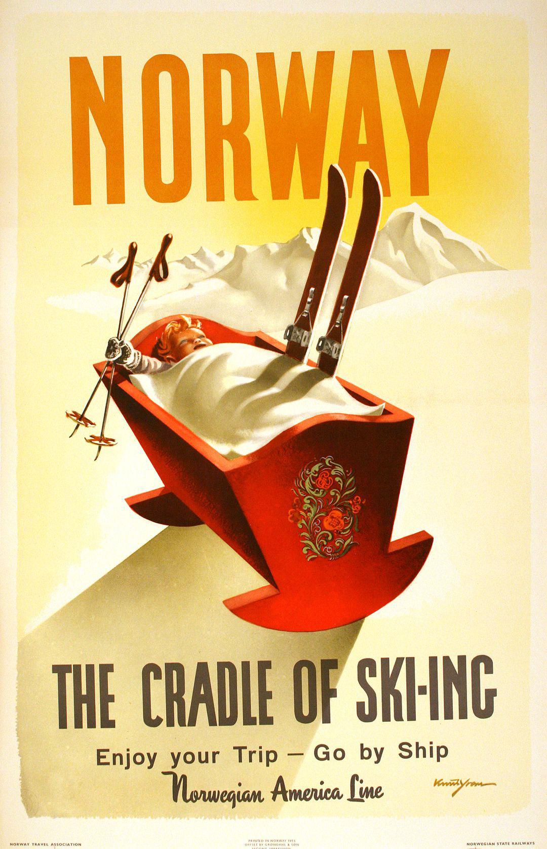 Norway The Cradle of Ski-Ing Original Poster 1955 for Norwegian American Lines by Knut Yran