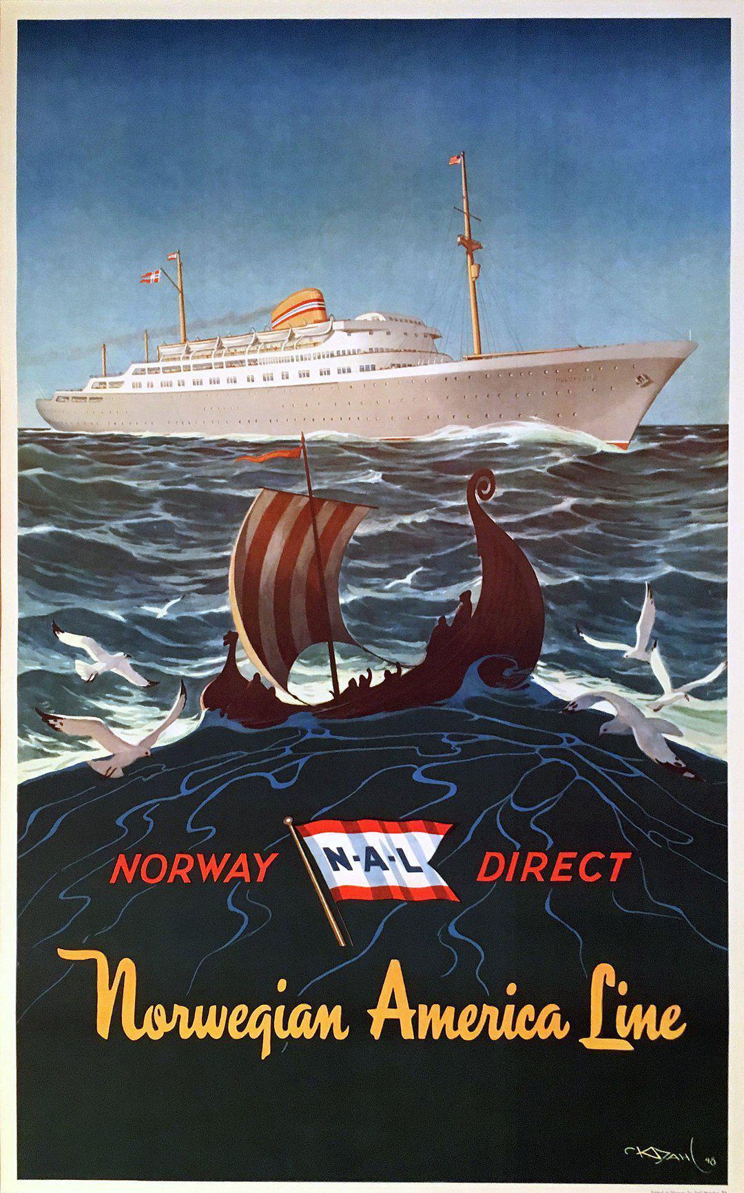 Original Vintage Norwegian American Line Norway Direct by Karl Dahl 1948