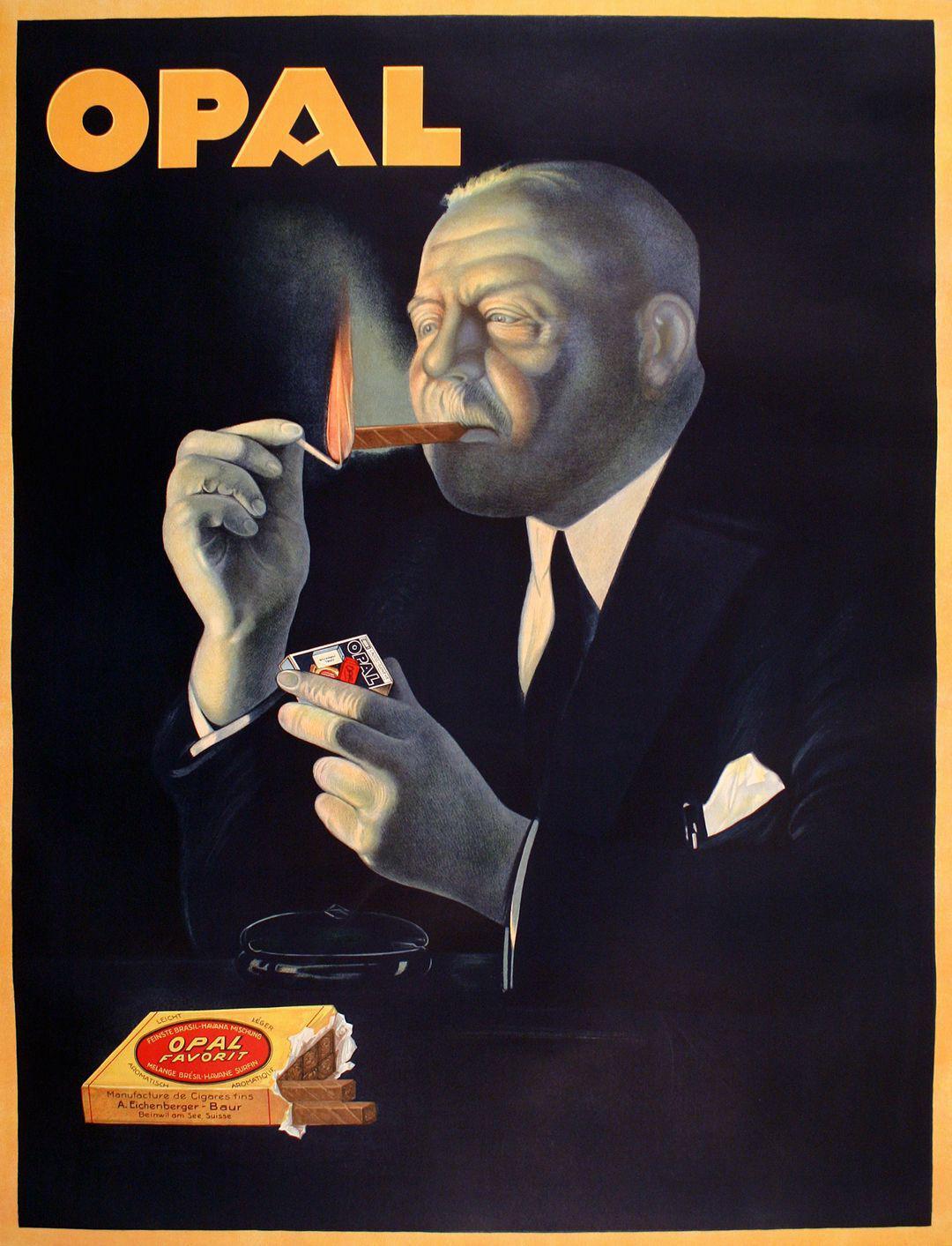 Opal Cigar Original 1936 Swiss Poster - Man Lighting His Cigar