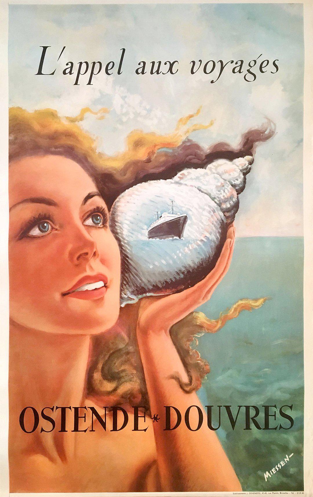 Original Vintage Ostende Dover Travel Poster by Miessen c1950 Mermaid