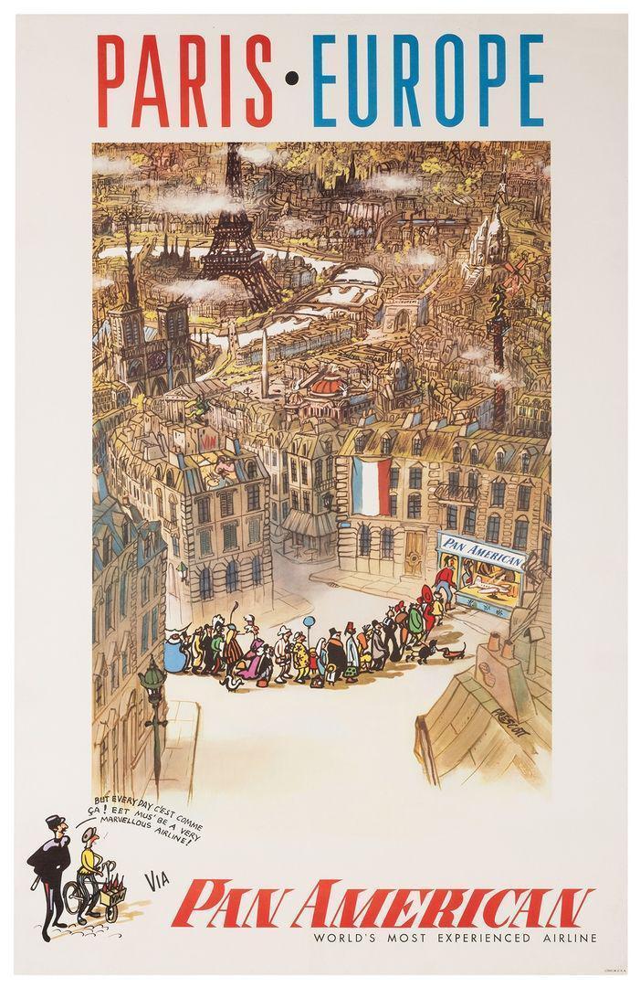 Original Pan Am Paris Europe Poster c1950 by Prescott