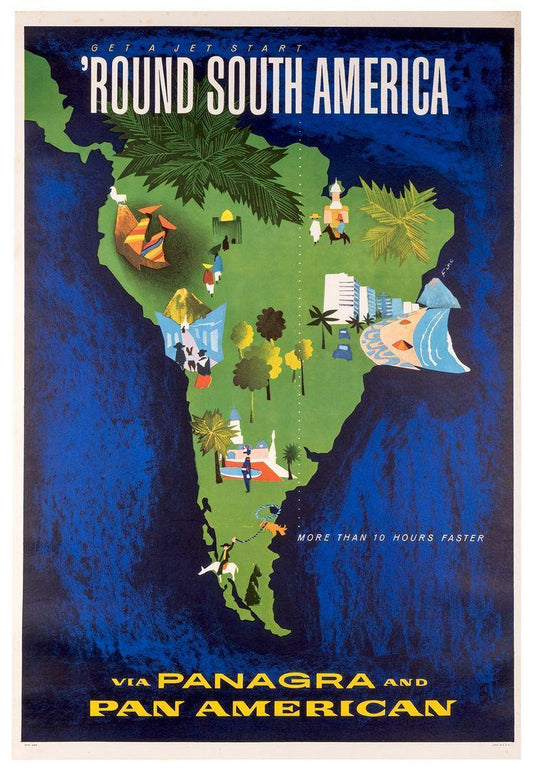 Pan Am Panagra  Round South America Original Poster c1960