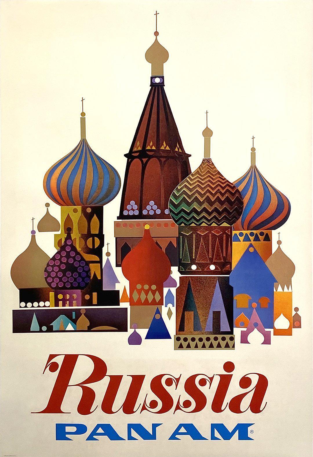 Original Vintage Pan Am Russia Travel Poster c1970 Moscow