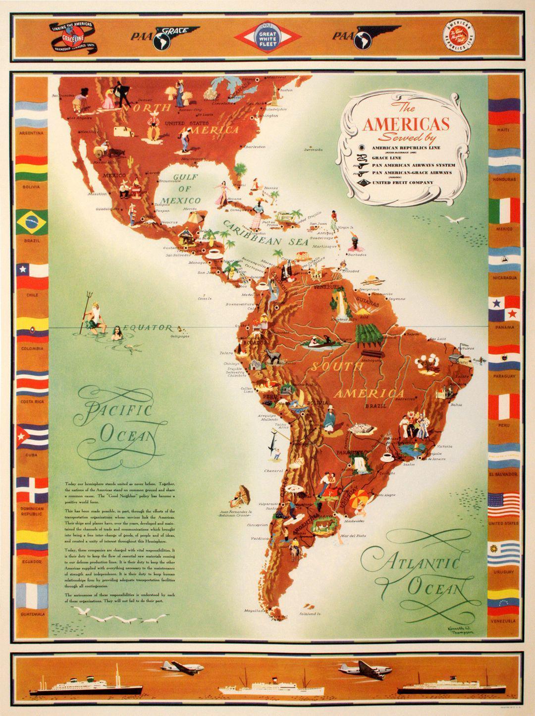 Original Pan Am - The Americas South America Vintage Map by Kenneth W. Thompson c1945