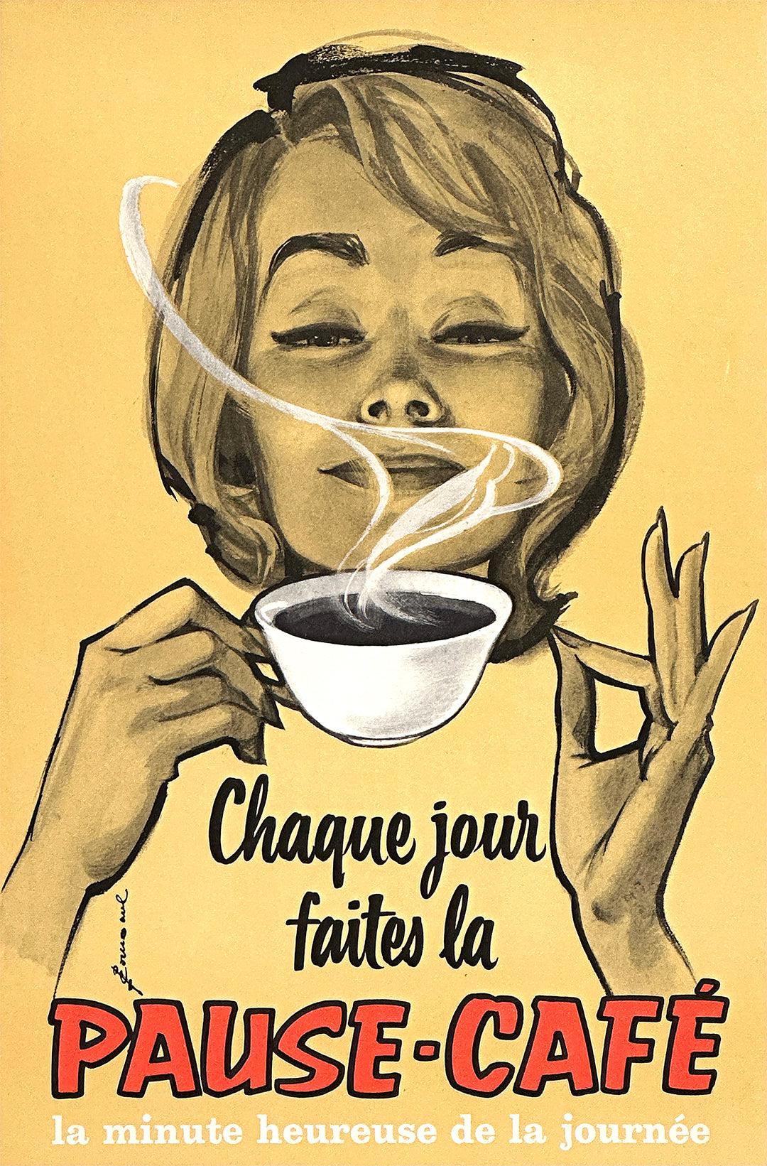 Original Vintage French Coffee Break Poster by Pierre Couronne c1950