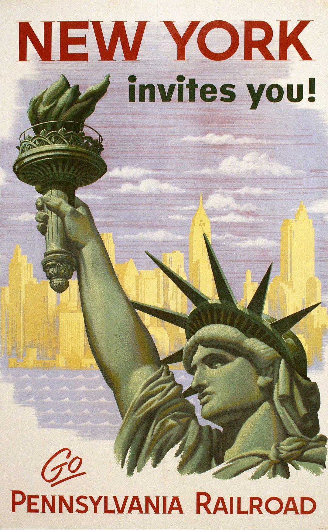Original Vintage Pennsylvania Railroad Poster New York Invites You! 1934 Statue of Liberty